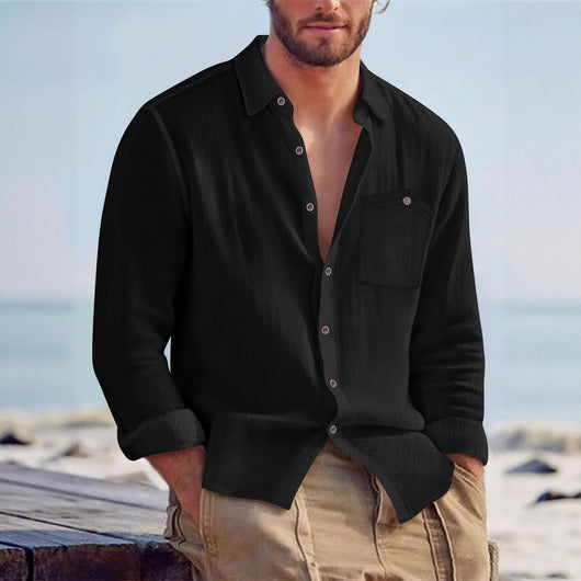 Camisa Cardigan Lino Hombre Fit Relajado Color Sólido - Image 8