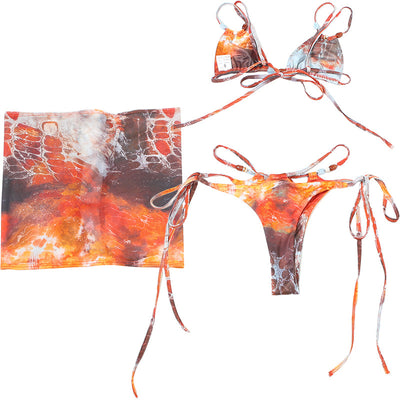 Women's fashionable three-piece bikini set with an abstract orange, brown, and blue print. Features a triangle top, mesh mini skirt, and lace-up details with be - Image 29
