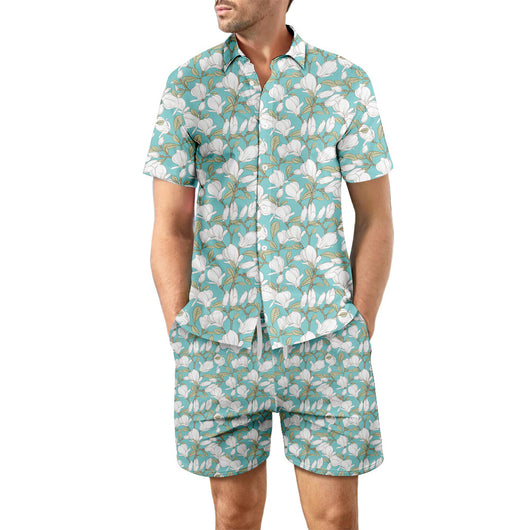 men's two-piece summer suit, suit, light blue, white, light green, casual, beach - Image 7