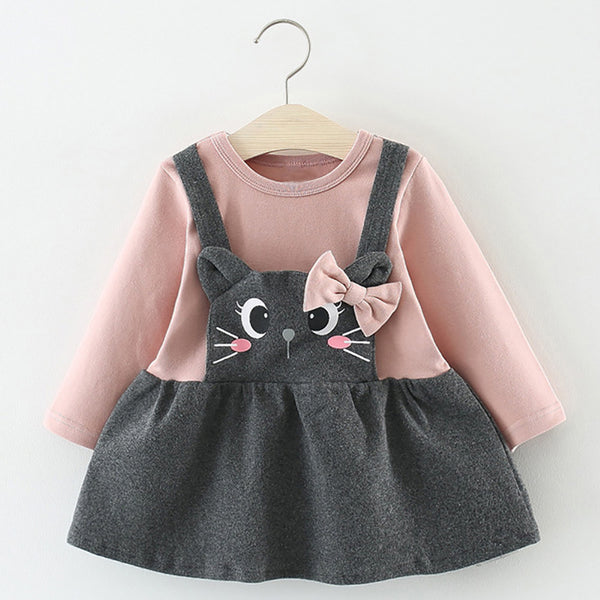 Vestido Bebé Manga Larga con Estampado de Gato con Moño