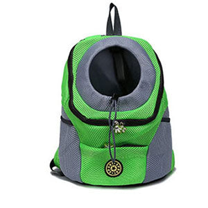 Lime green mesh pet backpack with grey trim, black zipper, and internal leash clip, shown from the front. - Image 2