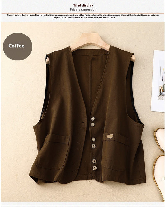 Chaleco Retro Coreano Mujer en Algodón y Lino - Image 11