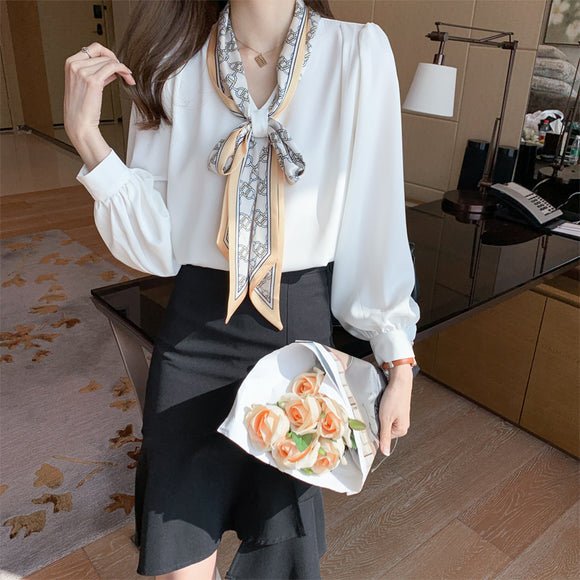 Blusa Profesional Mujer Otoño Manga Larga con Volantes y Lazo