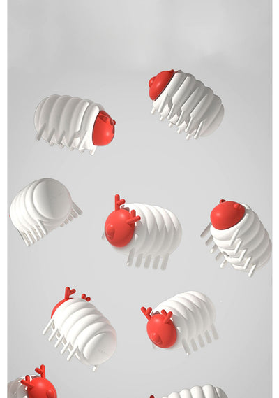 White and red interactive cat toy shaped like a segmented caterpillar with small legs and antennae. - Image 9
