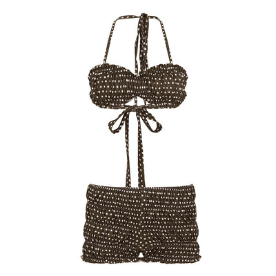 Dark brown polka dot halter bikini top with matching shirred high-waisted shorts for women. - Image 6