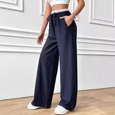 Pantalón Casual de Cintura Alta con Rayas Verticales y Contraste de Colores - Image 3