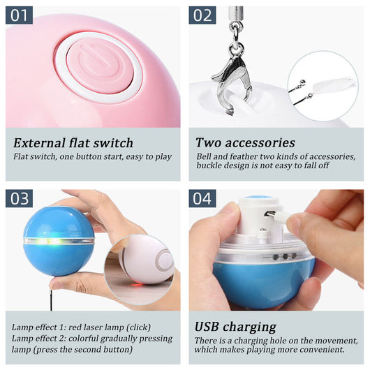 Pink automatic cat toy ball with a power button, shown with detachable feather and bell accessories. - Image 15