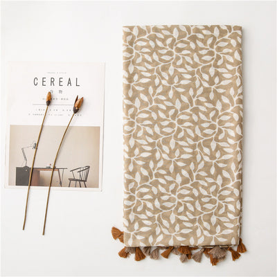 Chal Foulard de Algodón y Lino con Estampado de Hojas de Uva y Borlas - Image 10