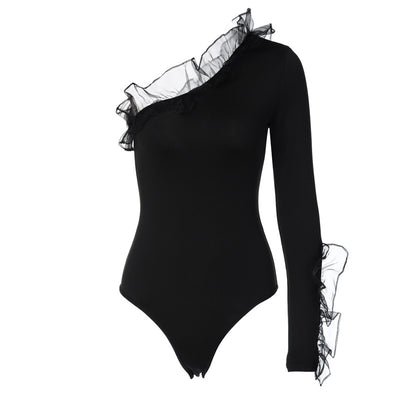 Bodysuit Elegante con Cuello Asimétrico y Manga Volante en Malla - Image 7