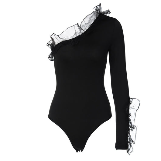 Bodysuit Elegante con Cuello Asimétrico y Manga Volante en Malla - Image 7