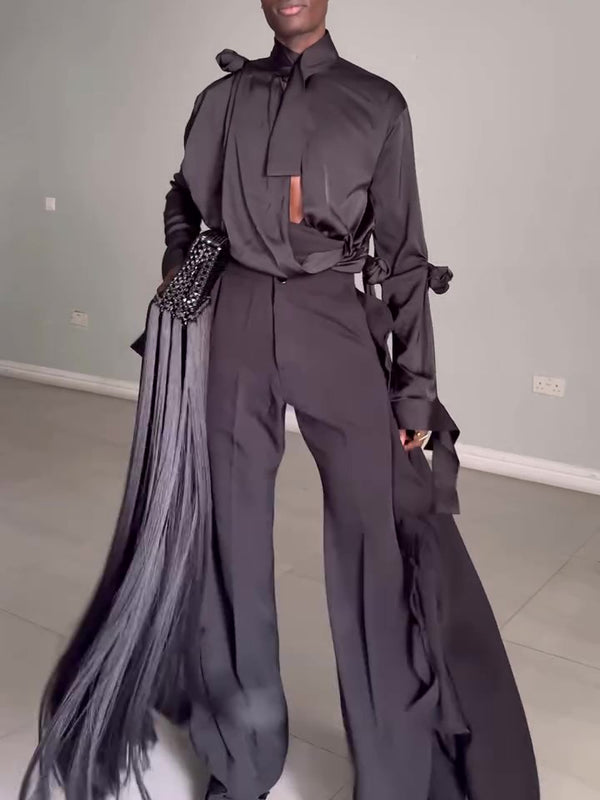 Traje Elegante Hombre con Camisa Calada y Pantalón Cintura Alta