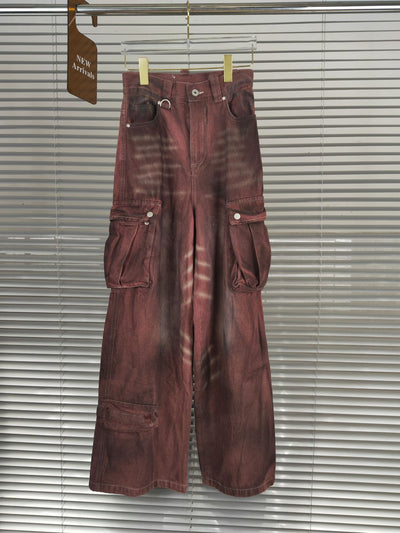 Pantalón Denim Rojo Óxido Ancho con Bolsillos Grandes y Efecto Desgastado - Image 7