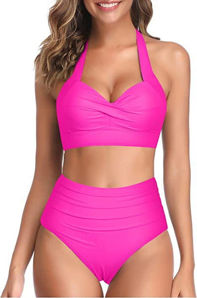 Bright yellow two-piece bikini with a halter neck top featuring a twisted bow and high-waisted ruched bottoms. - Image 27