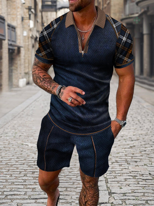 Conjunto de Camiseta Geométrica 3D con Cierre y Solapa para Hombre - Verano - Image 4