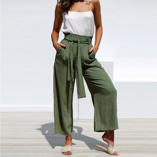 Pantalón Casual de Cintura Alta con Cinturón Multicolor en Algodón Lino - Image 10