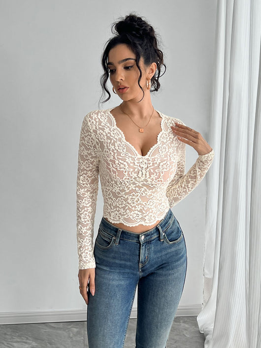 Blusa de Encaje Escote V Manga Larga Colores Sólidos - Image 14