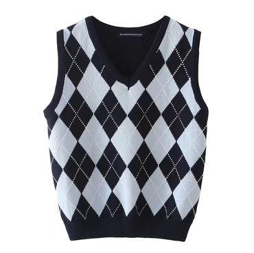 Chaleco Tejido Cuadros Diamante Estilo Preppy Retro Versátil - Image 20