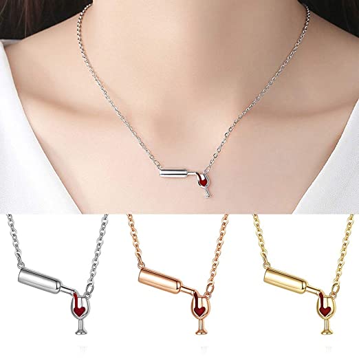 Collar para Amantes del Vino con Dije de Botella, Copa y Corazón