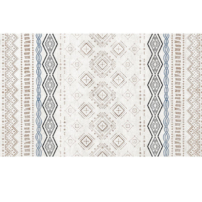 Rectangular area rug with white background and horizontal stripes of black, teal, and yellow tribal patterns. - Image 37