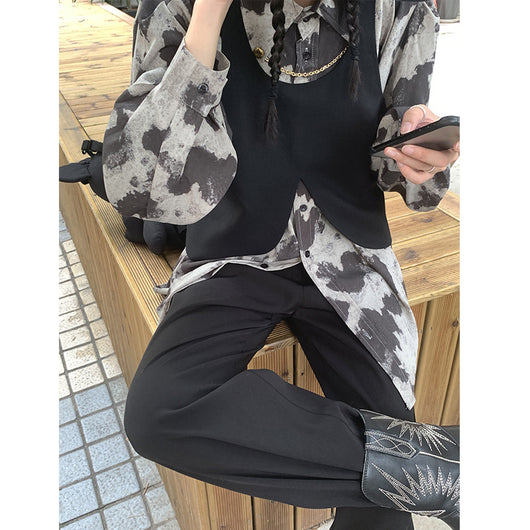 Blusa Manga Larga Estampado Leopardo Bloques de Color Negro Gris Botones Cadena Mujer - Image 9