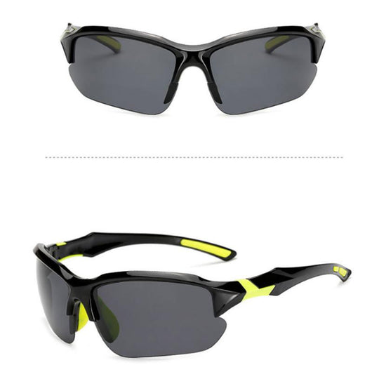 Black sports sunglasses with blue polarized lenses, shown from a front view and a three-quarter side view. - Image 36