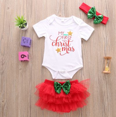 Conjunto de 3 Piezas Navideño: Shorts con Encaje y Diadema para Niña - Image 3