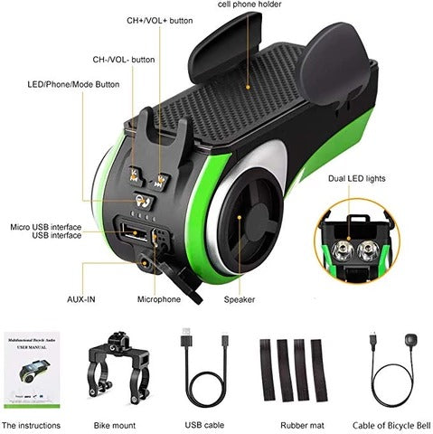 Luz LED Bluetooth para Bicicleta 5 en 1 con Altavoz, Cargador Portátil y Soporte para Teléfono - Image 4
