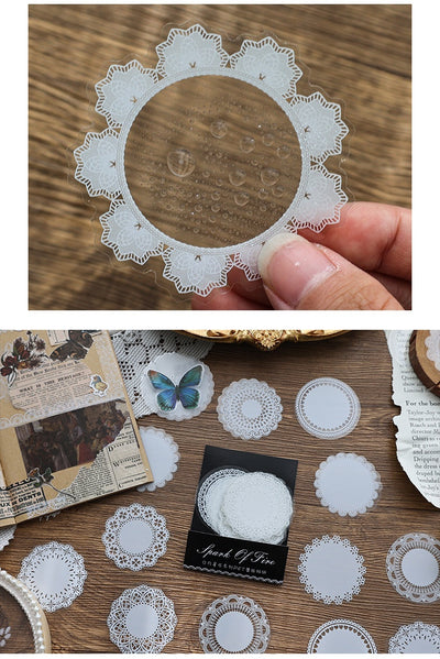 Set of 15 white lace-patterned circular stickers with intricate designs, labeled "North Star Arch" and "30 sheets." - Image 20