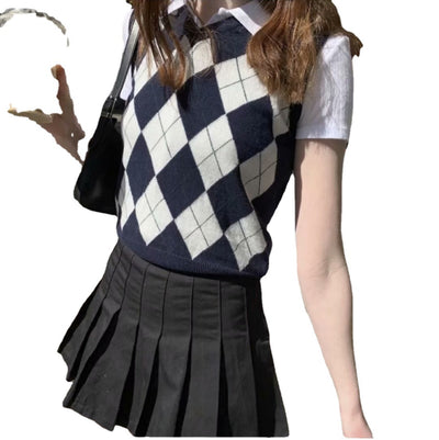 Chaleco Tejido Cuadros Diamante Estilo Preppy Retro Versátil - Image 3