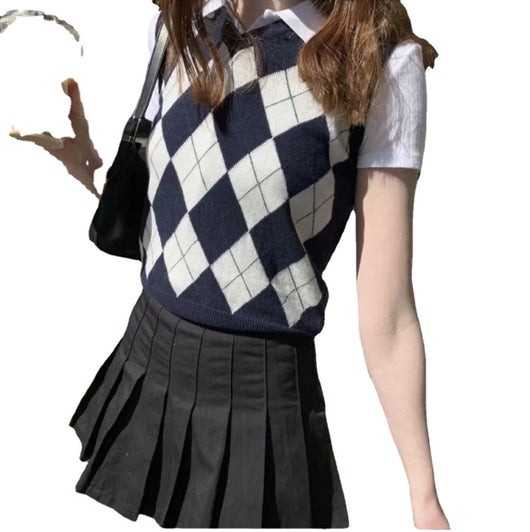 Chaleco Tejido Cuadros Diamante Estilo Preppy Retro Versátil - Image 3