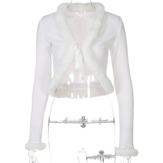 Cardigan Pluché de Encaje Ajustable con Mangas Largas en Color Sólido - Image 13
