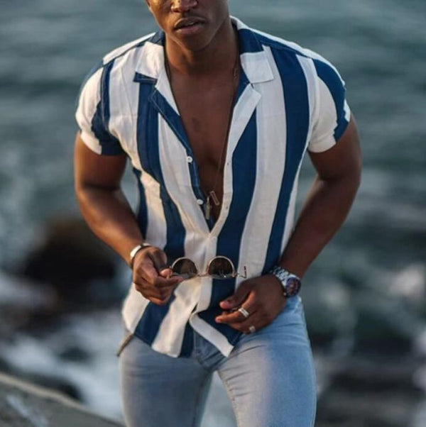 Camisa Manga Corta Algodón Mercerizado a Rayas para Hombre