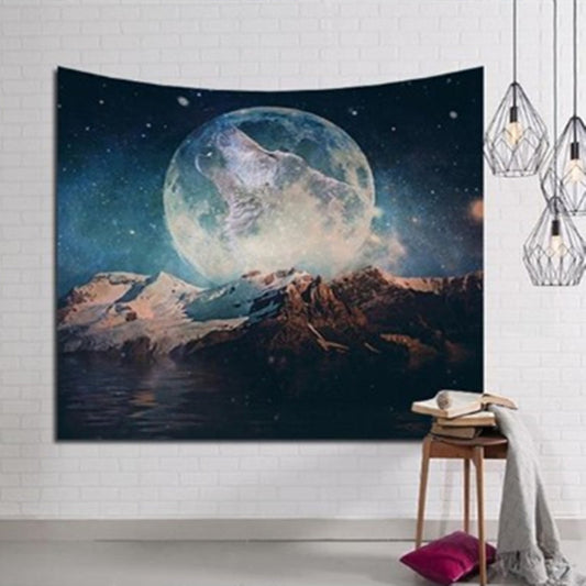 Tapestry featuring a wolf howling at a large full moon over snow-capped mountains and water under a starry night sky.