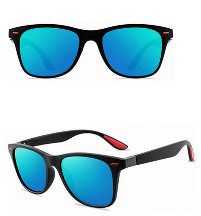 Black frame polarized sunglasses with blue mirrored lenses and blue and red accents on the temples. - Image 7