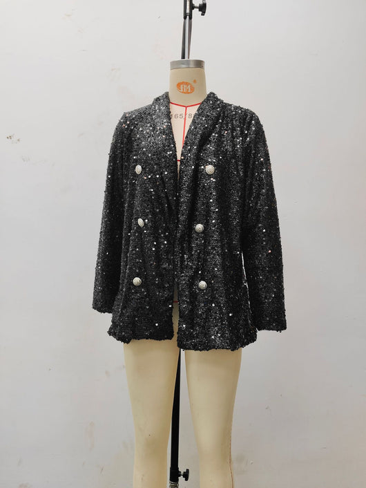 Blusa Larga Negra Mujer Cuello V Doble Botonadura con Lentejuelas Ajustada - Image 11