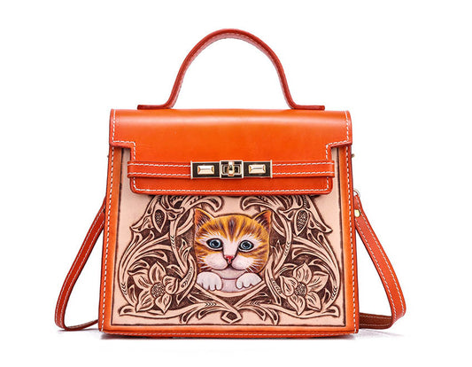 Bolso de Mano para Gatos en Cuero Genuino Grabado Artesanal