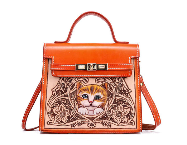 Bolso de Mano para Gatos en Cuero Genuino Grabado Artesanal