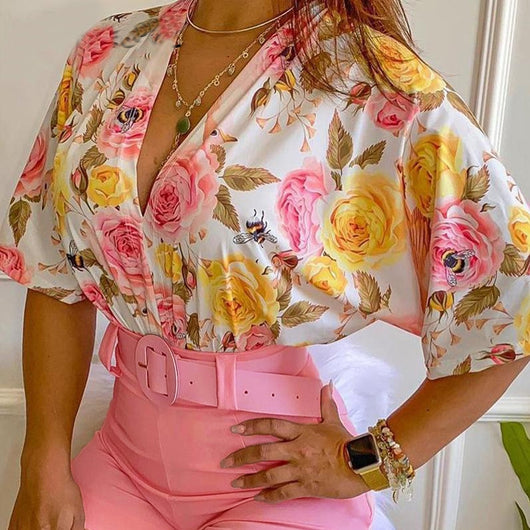 Conjunto de 2 Piezas Primavera Crop Top Floral Escote V Manga Media - Image 11