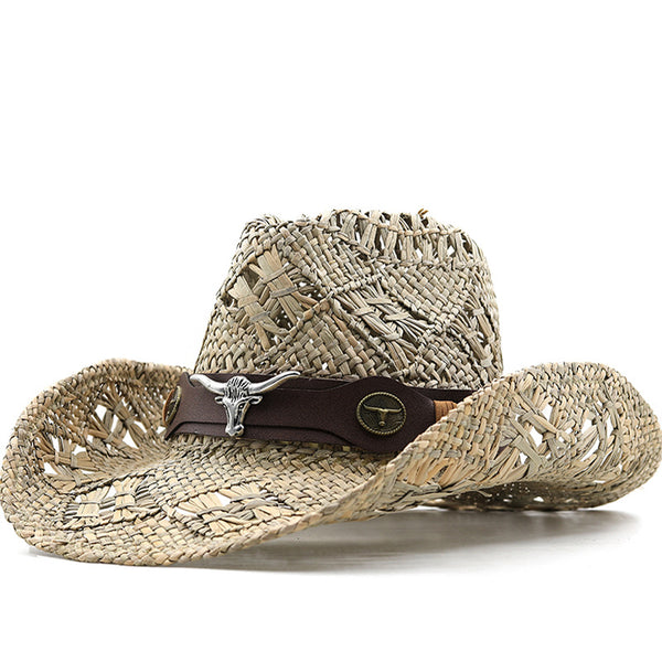 Sombrero Vaquero Occidental Tejido a Mano con Decoración de Pasto Natural