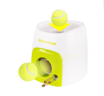 Smart pet feeder and tennis ball reward machine in white and lime green, with two mini tennis balls and a scoop. - Image 6