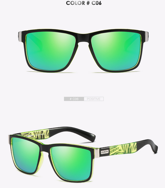 Black DUBERY polarized sunglasses with rectangular frames and dark lenses, shown from front and top-down angles. - Image 7