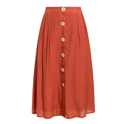 Falda Midi de Algodón y Lino Color Ladrillo - Corte Alto Casual - Image 2