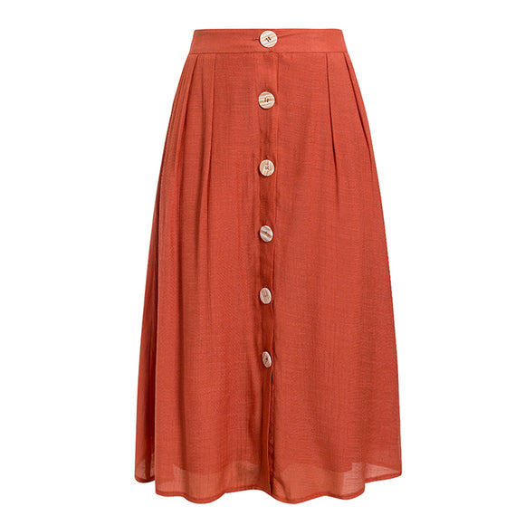 Falda Midi de Algodón y Lino Color Ladrillo - Corte Alto Casual