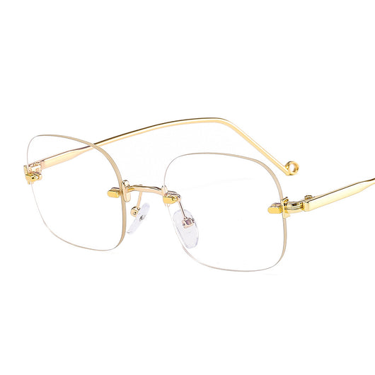 Frameless square sunglasses featuring vibrant blue lenses and sleek gold-colored metal temples and bridge. - Image 19