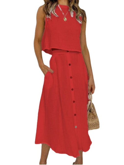 Conjunto de Dos Piezas: Chaleco y Vestido Midi Cuello Redondo Elegante - Image 2