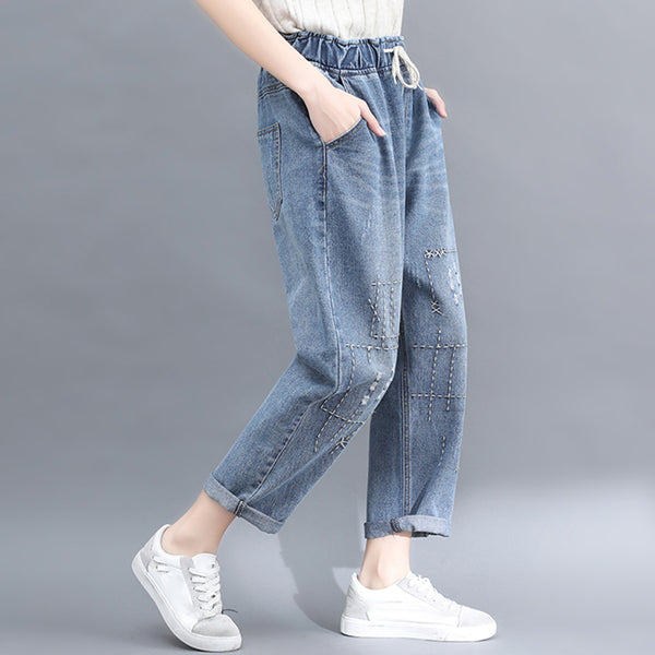 Jeans Cropped Talle Alto con Encaje Bordado y Cordones
