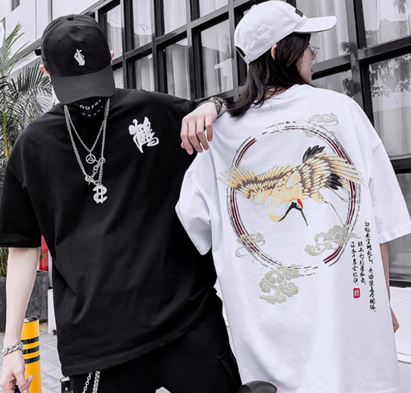 Playera Hip Hop Estilo Chino Grúa de Manga Corta