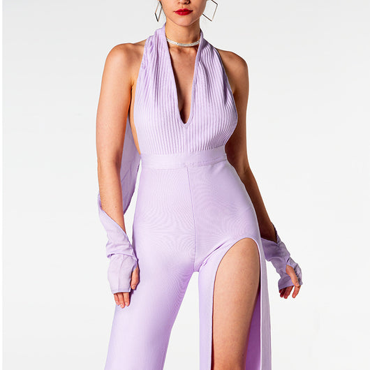 Jumpsuit Elegante sin Espalda con Escote en V y Abertura Lateral - Image 4