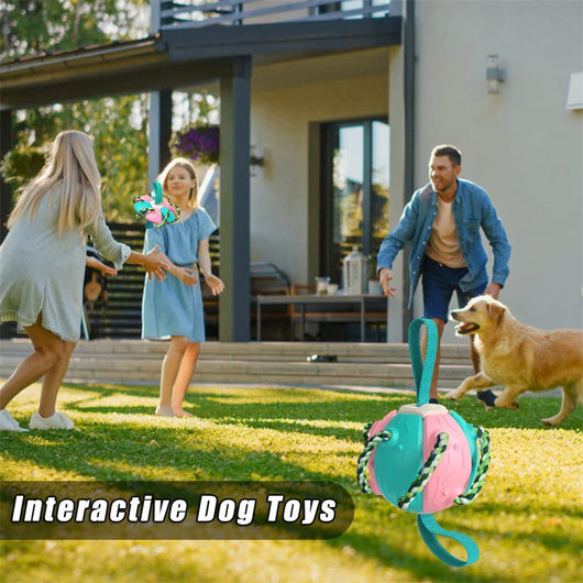 Red and green interactive dog football soccer ball with rope and fabric tabs for training and outdoor play. - Image 29