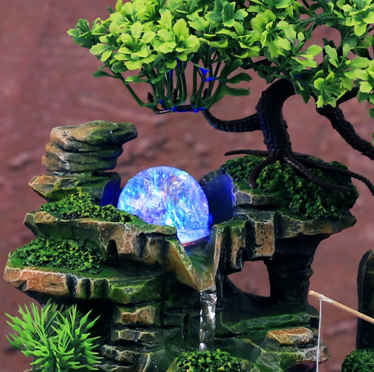 Resin desktop fountain with simulation rockery, a green bonsai tree, glowing orb, and water wheel. Measures 30cm tall. - Image 9